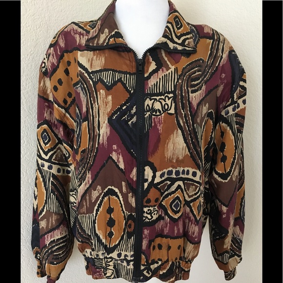 Vintage jacket Silk windbreaker zipper front athletic style jacket abstract - Picture 4 of 8